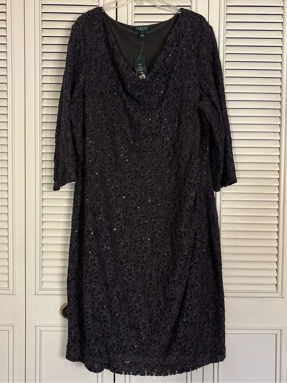 LRL Ralph Lauren Dress Black Sequin Lace Sz 24W 3/4 Sleeve Floral Formal Stretch
